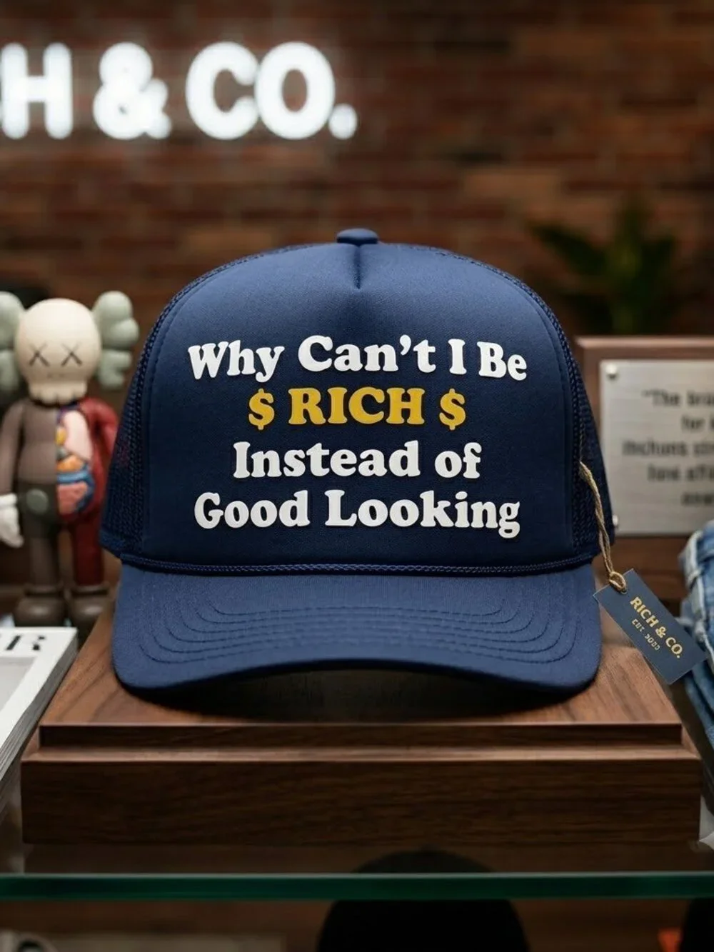 Retro Why Can't I Be Rich Foam Trucker Hat Navy Blue Funny Snapback Cap New Fun